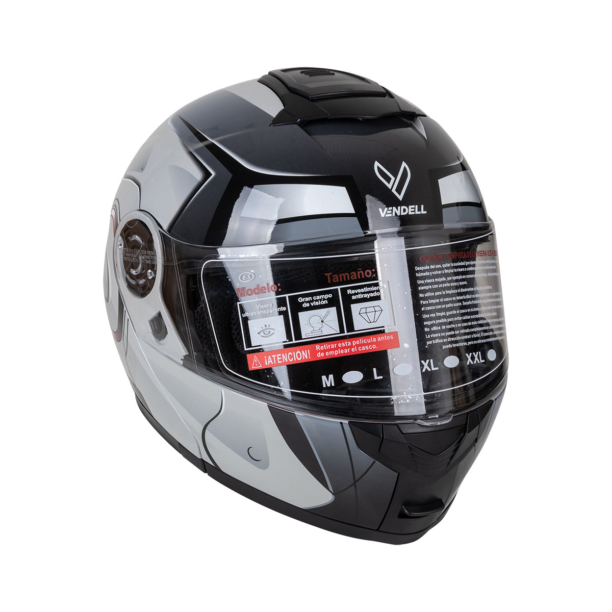CASCO ABATIBLE DOBLE VISOR CON GRÁFICO TIPO IRONMAN GRIS TALLA "XL" VENDELL MOD. HS 159 PLUS FLIP UP