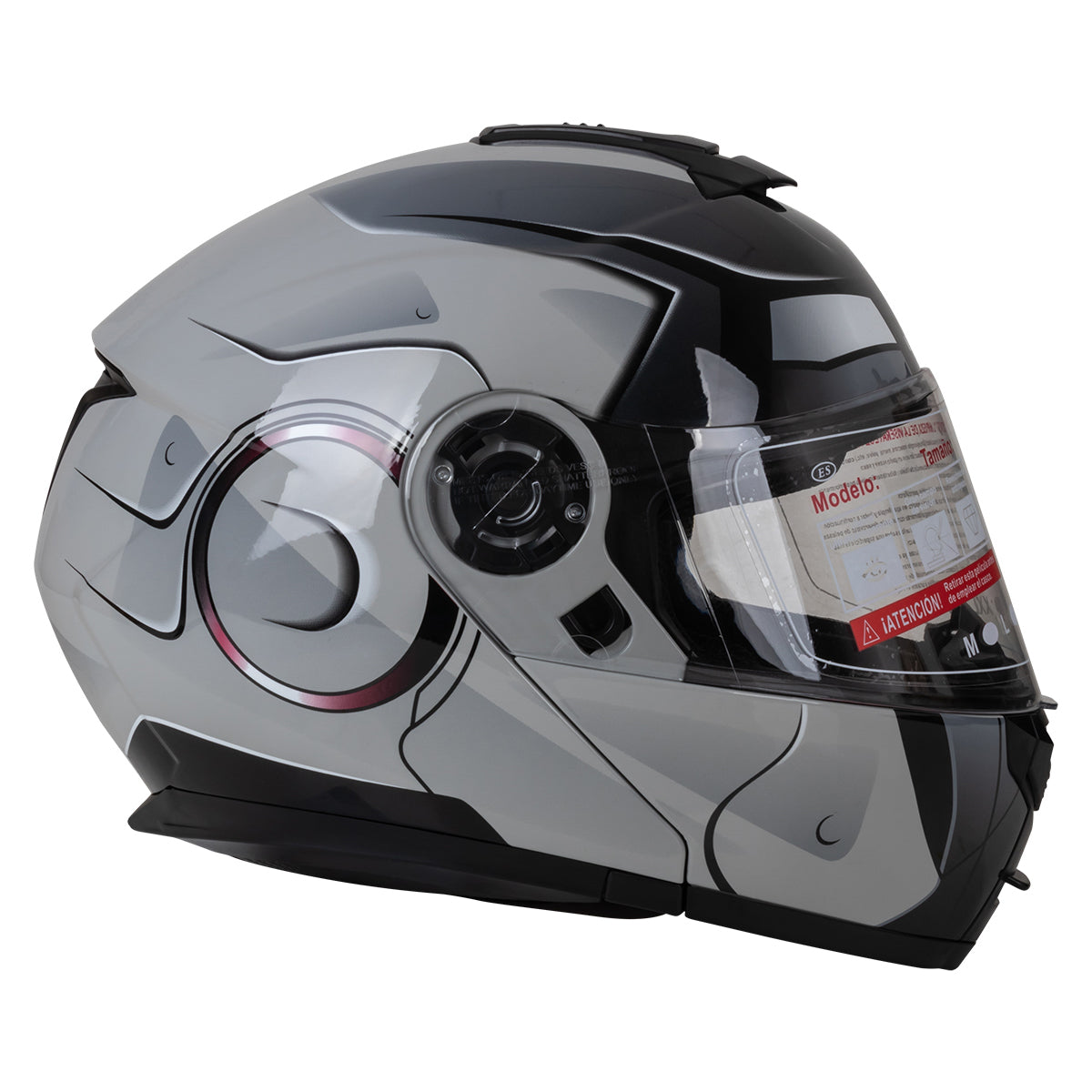 CASCO ABATIBLE DOBLE VISOR CON GRÁFICO TIPO IRONMAN GRIS TALLA "XL" VENDELL MOD. HS 159 PLUS FLIP UP